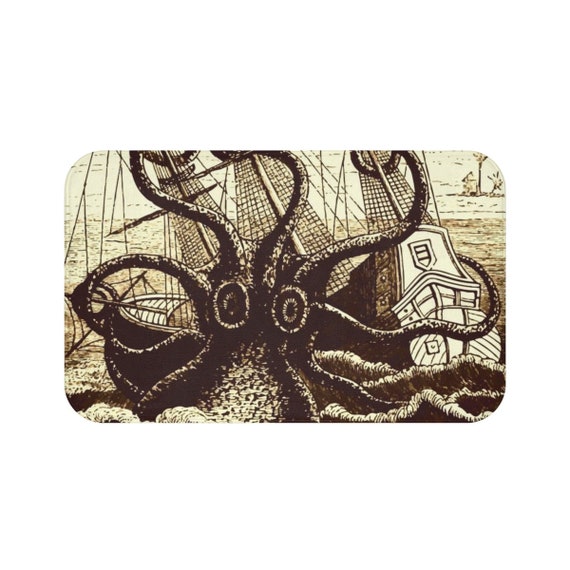 Kraken Attacks Ship, Microfiber Bath Mat, Vintage, Antique Illustration, Pierre Denys de Montfort, 1801