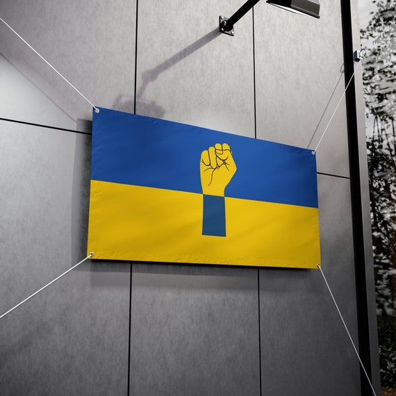 Outdoor Vinyl Banner, 48"x24", Flag Of Ukraine with Resistance Fist, Ukrainian Pride