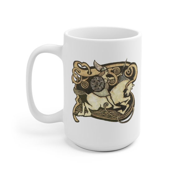 Galloping Valkyrie, White 15oz Ceramic Mug, Arthur Rackham, Norse Mythology, Coffee, Tea