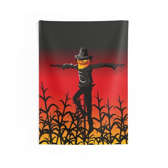 Scarecrow In Wheat Field Indoor Wall Tapestry, Jack-O-Lantern, Halloween Sign, All Hallows Eve, Wall Decor, Room Decor