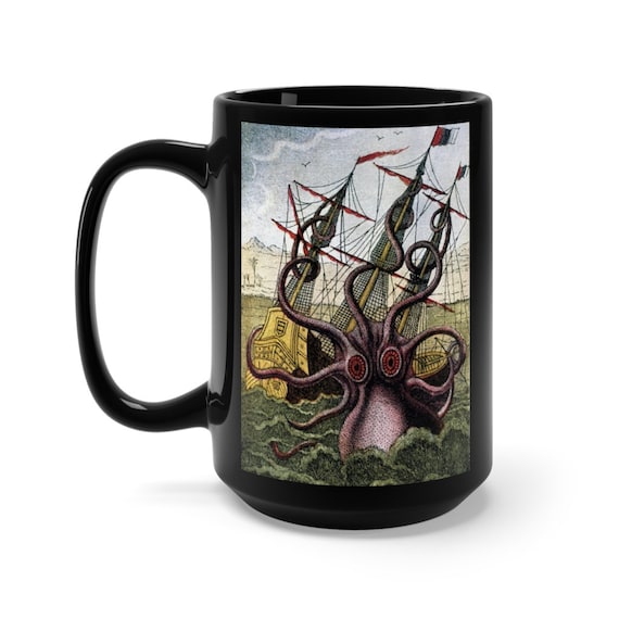 Kraken Attacks Ship Off Egypt, Large Black Ceramic Mug, Early 1800s, Sea Monster, Giant Octopus, Coffee, Tea