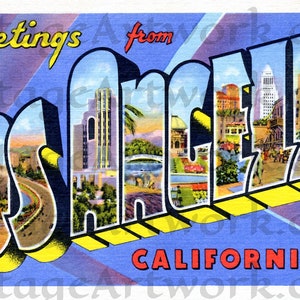 Salutations de la carte postale de Los Angeles au recto, téléchargement numérique, éditeur Curt Teich & Co., 1936, Americana
