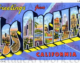 Greetings From Los Angeles Postcard Front, Digital Download, Curt Teich & Co. Publisher,  1936, Americana