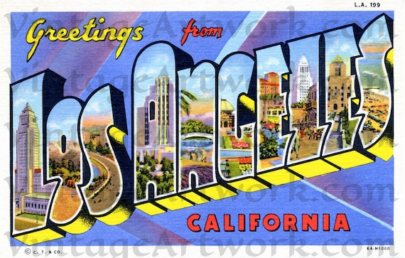 Greetings From Los Angeles Postcard Front, Digital Download, Curt Teich & Co. Publisher,  1936, Americana