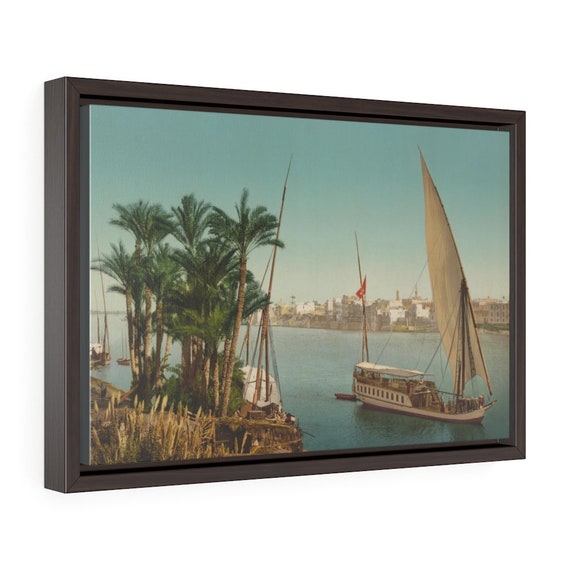 Nile Sailboat Near Cairo Egypt, 18"x12" Framed Canvas Print, From An Antique/Vintage Victorian Postcard