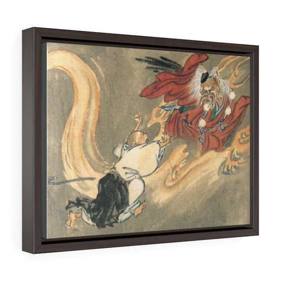 Tengu And A Buddhist Monk, 16"x12" Framed Canvas Print, Japanese Folklore, Room Decor