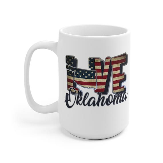 I Love Oklahoma, Large White Ceramic Mug, Vintage Retro Flag, Patriotic, Patriotism, United States, Coffee, Tea