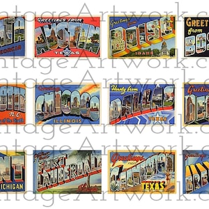 48 cartes postales de la ville des États-Unis - Images numériques d'antiquités vintage, grandes lettres, cartes postales « Salutations de », vers 1933-1950, Amérique