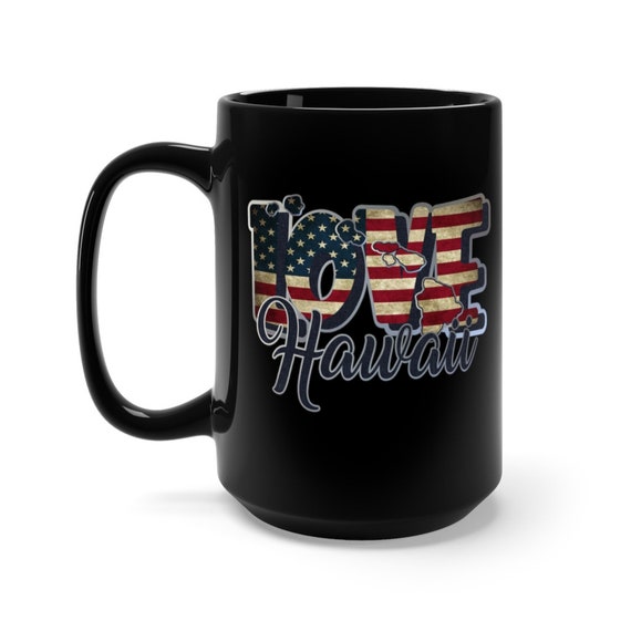 I Love Hawaii, Large Black Ceramic Mug, Vintage Retro Flag, American Flag, Patriotic, Patriotism, United States, Coffee, Tea