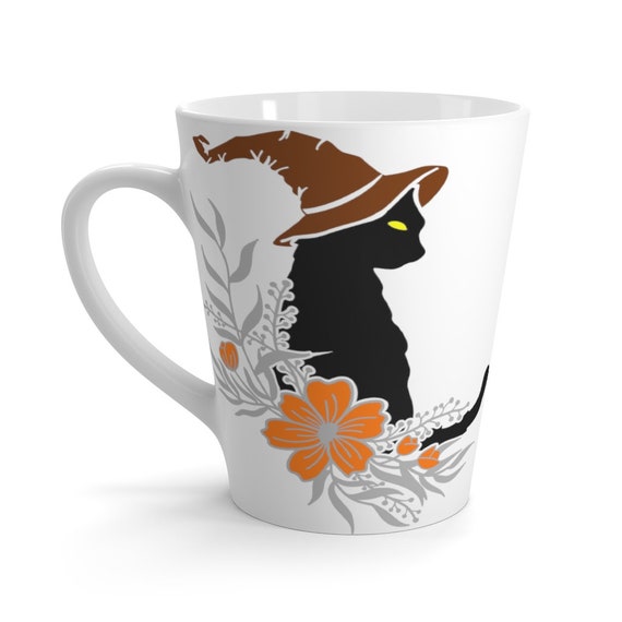 Witches Familiar Latte Mug, Halloween, Black Cat, Coffee, Tea, Witchcraft