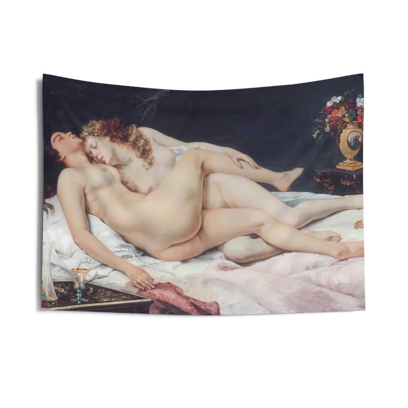 May include: A painting of two nude figures lying together on a bed. The figures are intertwined and appear to be asleep. The painting is set in a dark room with a vase of flowers in the background.