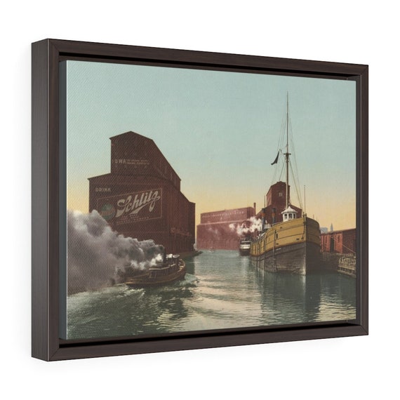 Chicago River Elevators, 16"x12" Framed Canvas Print, Antique Postcard, Circa 1900, Illinois, Americana, Schlitz Beer Sign