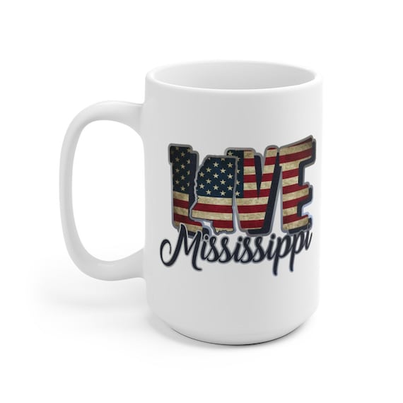 I Love Mississippi, Large White Ceramic Mug, Vintage Retro Flag, Patriotic, Patriotism, United States, Coffee, Tea