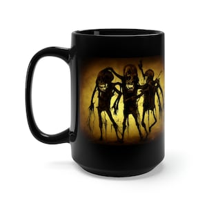 May include: Black coffee mug with a graphic of three skeletal figures dancing in a yellow glow.