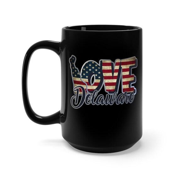 I Love Delaware, Large Black Ceramic Mug, Vintage Retro Flag, Patriotic, Patriotism, United States, Coffee, Tea