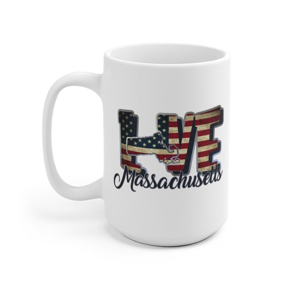 I Love Massachusetts, Large White Ceramic Mug, Vintage Retro Flag, Patriotic, Patriotism, United States, Coffee, Tea