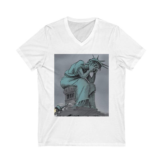 Profound Sadness V-neck Jersey T-Shirt. Vintage Image Of The Statue Of Liberty Crying.
