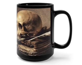 Skull Looking Left, Black 15oz Ceramic Mug, Vanitas Still Life, Coffee, Tea