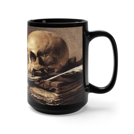 Skull Looking Left, Black 15oz Ceramic Mug, Vanitas Still Life, Coffee, Tea