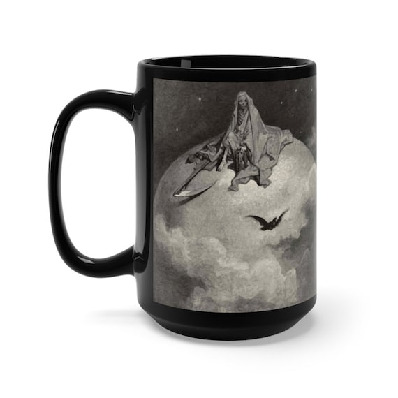 Death Sits Atop The World Large Black Ceramic Mug, Vintage, Antique Illustration, Gustave Dore, Coffee, Tea