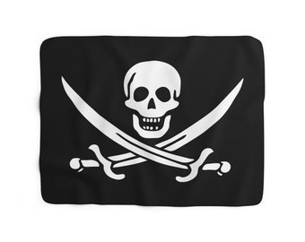 Jolly Roger Pirate Flag Sherpa Fleece Blanket, Skull And Crossed Cutlasses