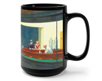 May include: Black ceramic mug featuring a painting of people seated at a bar. The scene is set in a dimly lit room with a green counter and a few people sitting at the bar. The mug has a white handle.