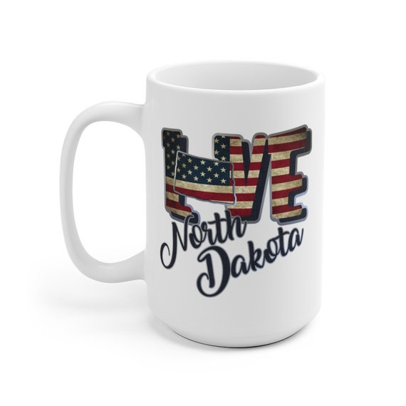 I Love North Dakota, Large White Ceramic Mug, Vintage Retro Flag, Patriotic, Patriotism, United States, Coffee, Tea