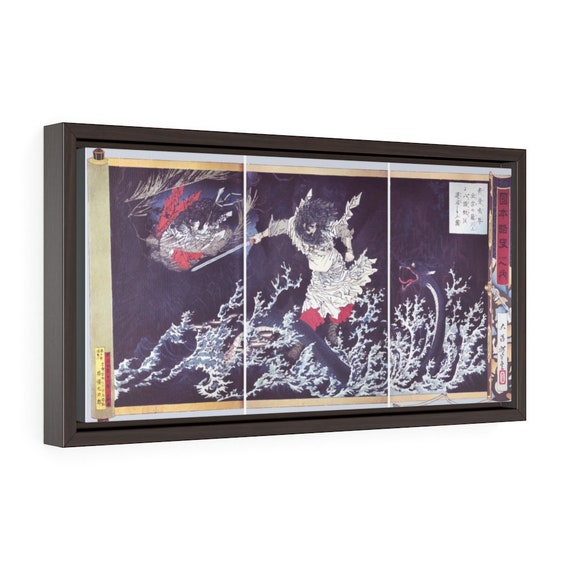 Susanoo Slaying The Yamata No Orochi, 20"x10" Framed Canvas Print, Japanese Folklore, Sea Dragon, Sea Serpent, Sea Monster