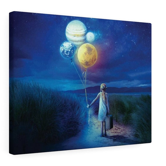 Girl With Balloon Planets, 20"x16" Canvas Print, Travel, Adventure, Trip, Vacation