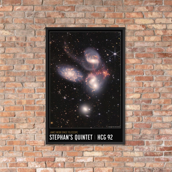 Stephan's Quintet. 24" x36" Framed Giclée Poster, Black Wood Frame, Acrylic Covering. Image From NASA James Webb Telescope