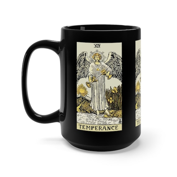 Temperance, Black 15oz Ceramic Mug, Tarot Card, Major Arcana, From Vintage Rider-Waite Deck, Coffee, Tea