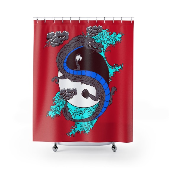 Yin-Yang Dragon Shower Curtain, Vintage Retro Style Design, Japanese & Chinese Folklore