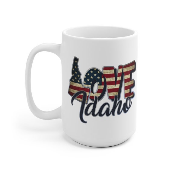 I Love Idaho, Large White Ceramic Mug, Vintage Retro Flag, Patriotic, Patriotism, United States, Coffee, Tea