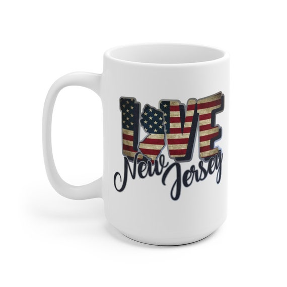 I Love New Jersey, Large White Ceramic Mug, Vintage Retro Flag, Patriotic, Patriotism, United States, Coffee, Tea