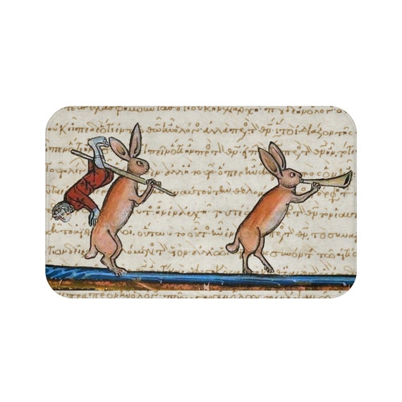 Medieval Hunter Rabbit, Bath Mat, Marginalia From Medieval Manuscript, Historical