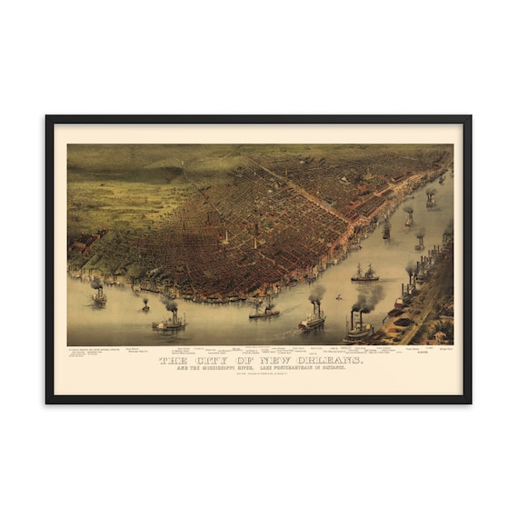 Aerial New Orleans 1885 Map, 36" x 24" Framed Giclée Poster, Black Wood Frame, Acrylic Covering, Mississippi River, River Boats, Room Decor