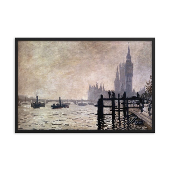 The Thames Below Westminster 36"x24" Framed Giclée Poster, Black Wood Frame, Acrylic Covering, Claude Monet