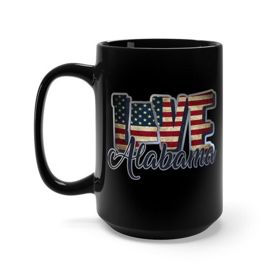 I Love Alabama, Large Black Ceramic Mug, Vintage Retro Flag, American Flag, Patriotic, Patriotism, United States, Coffee, Tea
