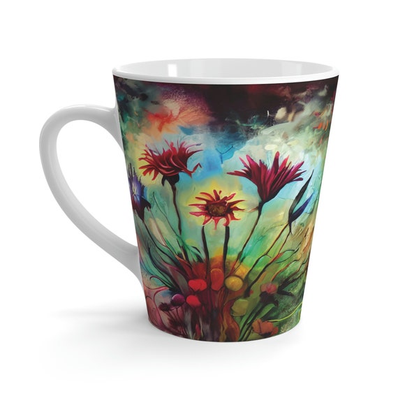 Dramatic Bouquet, White Ceramic Latte Mug, Colorful Floral Arrangement