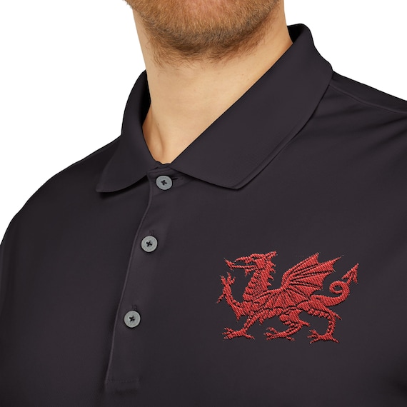 Welsh Dragon embroidered on Adidas Polo shirt. Red dragon from the flag of Wales. For those with an abundance of Welsh pride.