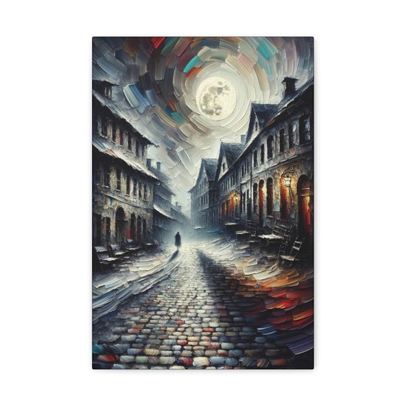 Midnight Rue, Canvas Print, Post-Impressionist, Quaint French Village Street, Nightscape, Full Moon, Enlightenment, Solitude, Introspection