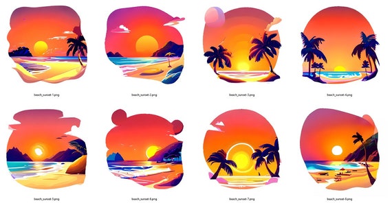 Digital, Large Transparent PNGs, 4K, 4096x4096 Pixels, Beach Sunset, Sunrise, Retro/Vintage Style, For T-shirt, For Poster, Digital Download