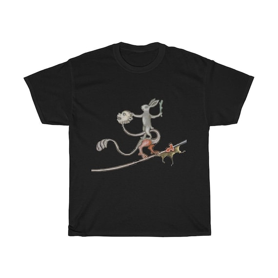 Medieval Rabbit Rides Monkey Dragon T-shirt, Dark Colors, From Medieval Manuscript, Marginalia