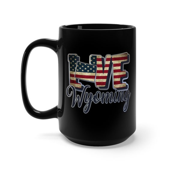 I Love Wyoming, Large Black Ceramic Mug, Vintage Retro Flag, Patriotic, Patriotism, United States, Coffee, Tea