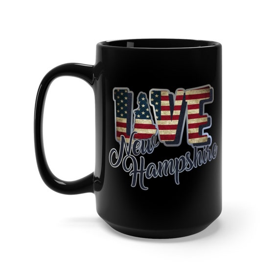 I Love New Hampshire, Large Black Ceramic Mug, Vintage Retro Flag, Patriotic, Patriotism, United States, Coffee, Tea