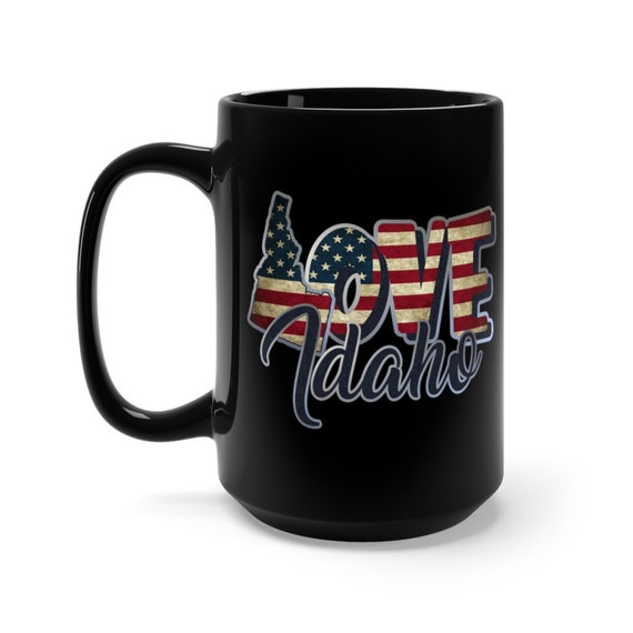 I Love Idaho, Large Black Ceramic Mug, Vintage Retro Flag, American Flag, Patriotic, Patriotism, United States, Coffee, Tea