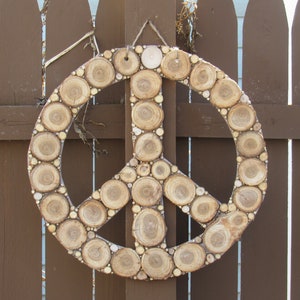 Medium Sized Natural Wood Peace Sign Wooden Mosaic Wall Hanging with a Birch Wood Backer
