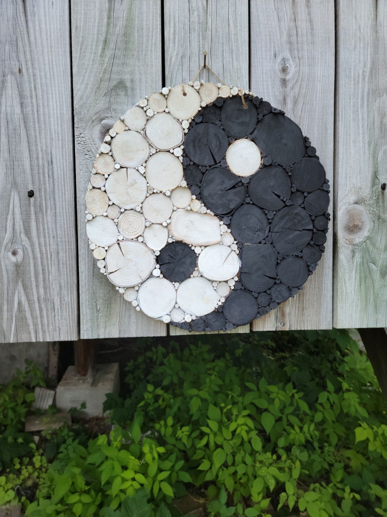 Ying Yang Wooden Mosaic Wall Art with a Birch Wood Backer image 1