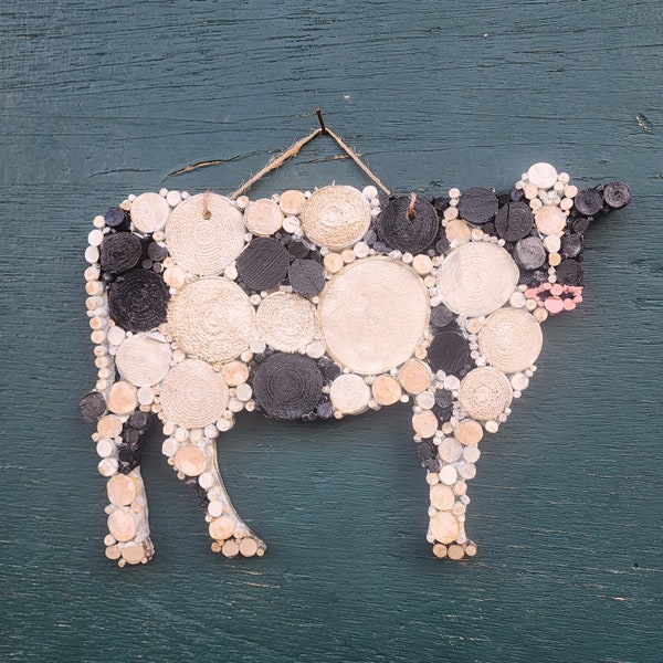 Medium Sized Dairy Cow Wooden Mosaic Wall Art with Birch Wood Backer