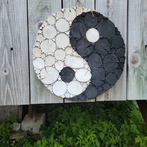 Ying Yang Wooden Mosaic Medium Size Wall Art with a Birch Wood Backer.